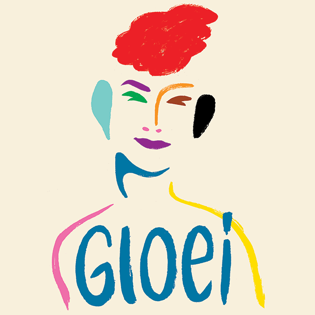 Cover van het boek Gloei met een kleurrijke tekening van een persoon met de letters Gloei op diens borst en rood haar.