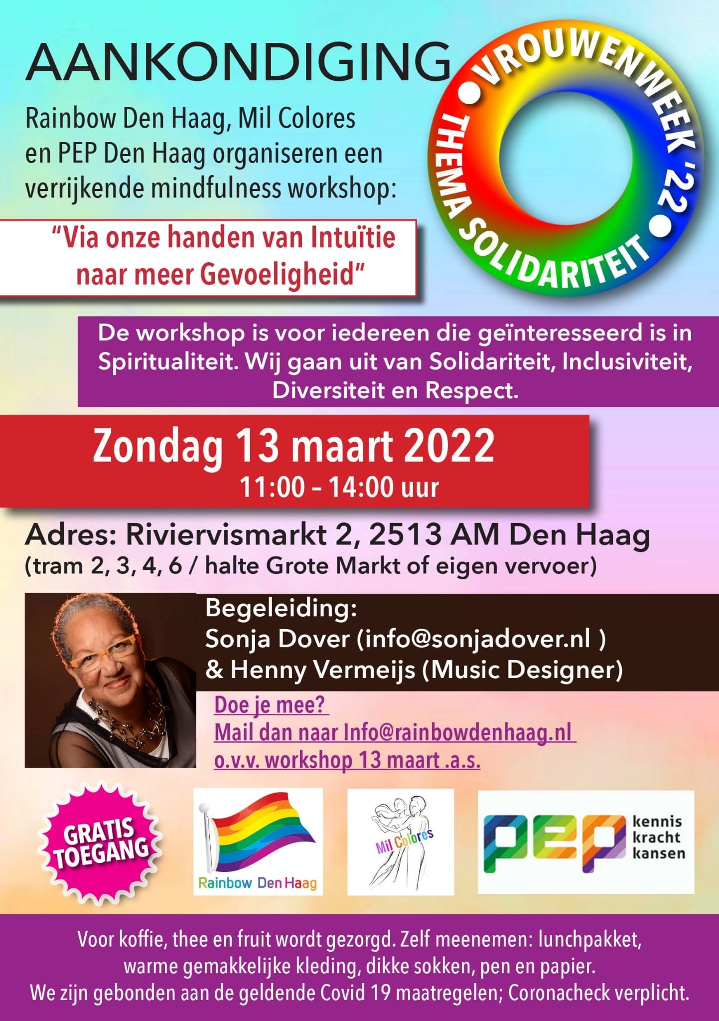 Flyer voor Rainbow Den Haag, Mil Colores en PEP Den Haag houden een workshop Mindfulness op zondag 13 maart 2022.