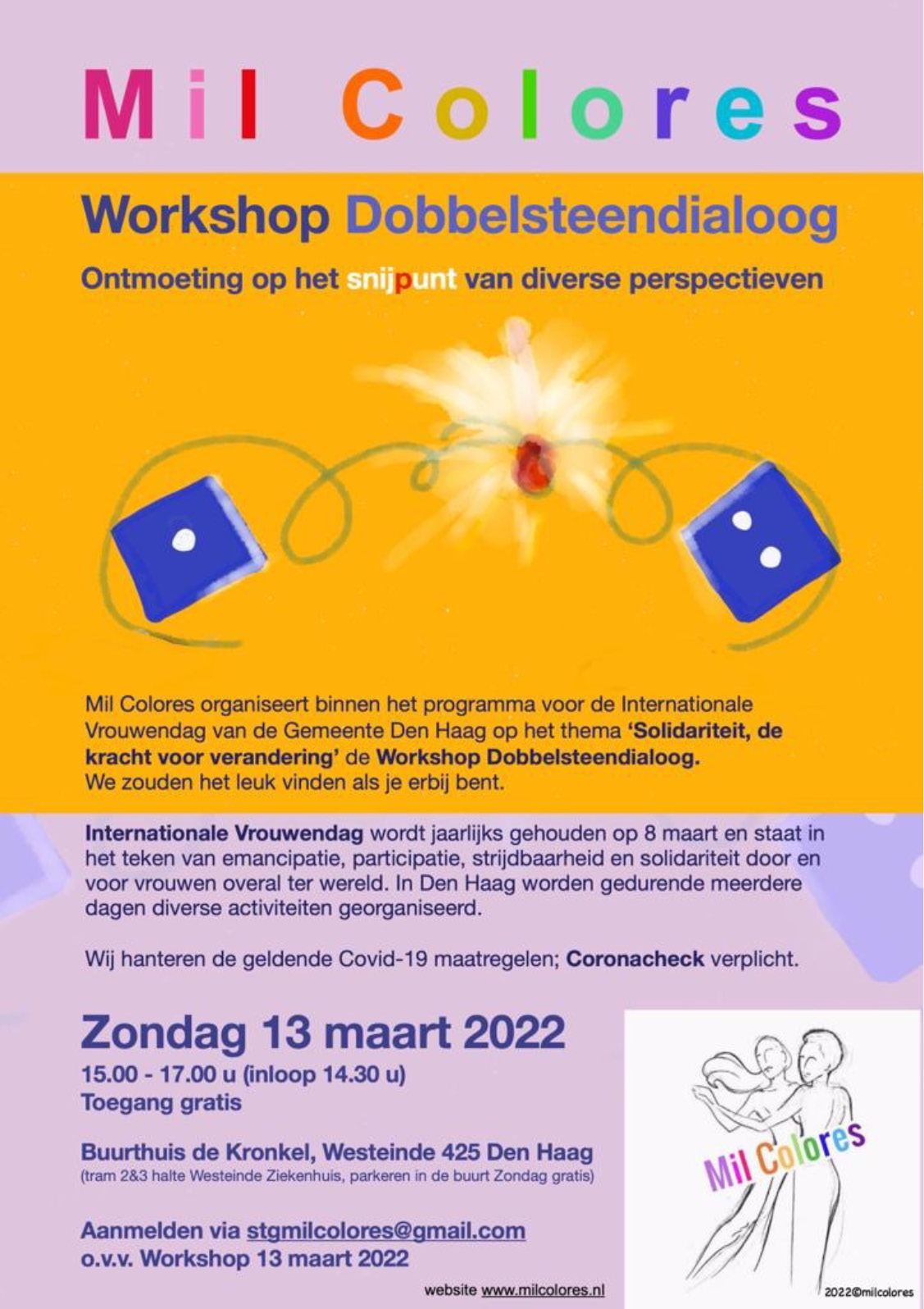 Flyer Mil Colores workshop Dobbelsteendialoog op zondag 13 maart 2022.